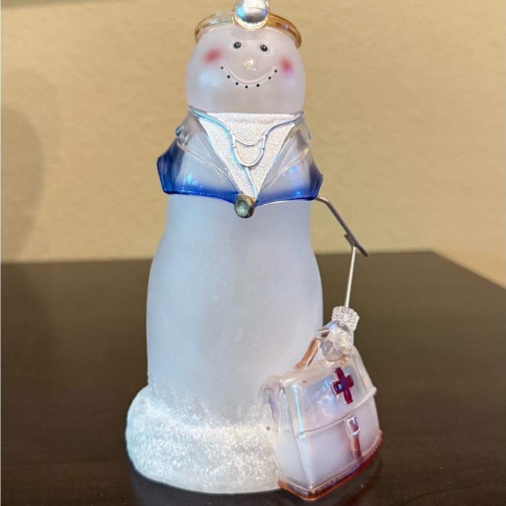 Frosted Snowman Figurine with Blue Accents